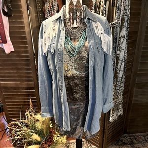 Loose fit Jean button up with fringe and embellished metals